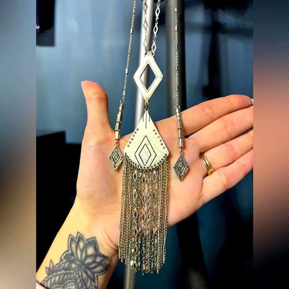 Long silver boho necklace